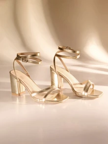 Etoivie Women New Fashion Multi-Strap Cross Simple And Generous Work Commuting Square Toe Chunky Heels High-Heeled Sandals For Street Fashion,Spring Summer Outfits - Gold - View 1
