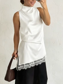 Luxurious Satin Turtleneck Sleeveless Top, Lace Patchwork Asymmetrical Hem, Minimalist Vibe Sleeveless Top, Suitable For Spring/Summer Vacation And Fashionable Street Wear Casual White - White - View 2
