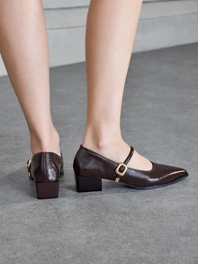NobleVue 2026 Spring/Summer New French Pointed Toe Mary Jane Brown High Heels, One-Strap Comfortable Commuting Casual Chunky Heeled Pumps - Coffee Brown - View 3