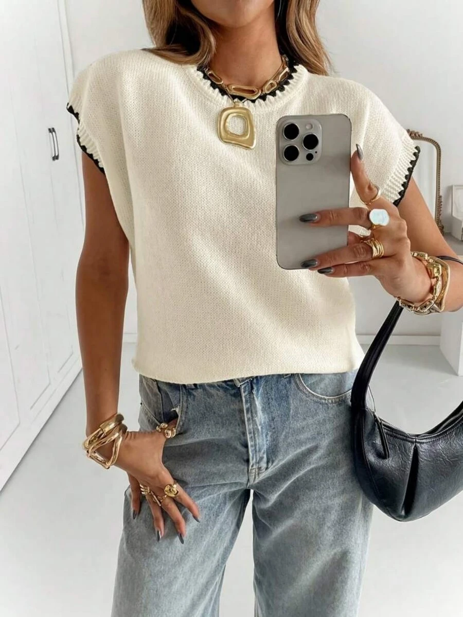Women's Casual Loose Round Neck Colorblock Sleeveless Textured Knit Top, Summer White - White - View 1
