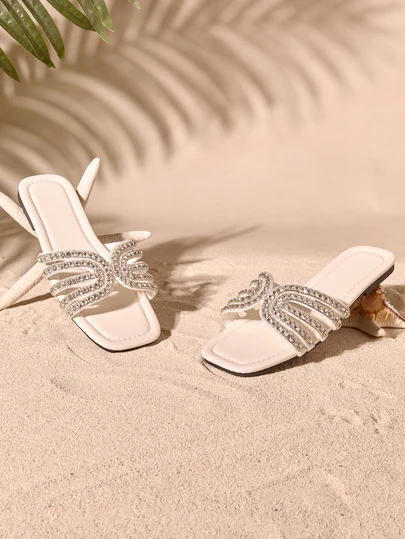 Tropiscape Square Toe Minimalist Embellished Slip-On Sandals For Women, Summer Vacation Beach Wear Cottagecore,SummerOutfit