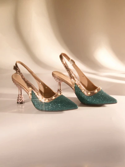 Etoivie Women's Fashion Pointed Toe High Heels, Metal Studded Faux Pearl Decor Slim High Heel Sandals, Glamorous Spring/Summer Green Glitter High Heels With Ankle Strap Closure, Party Wear,Elegant
