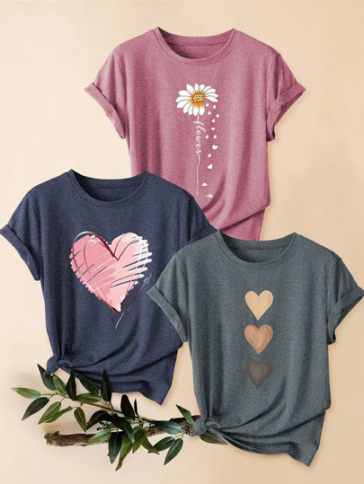 3pcs/Set Plus Size Women's Vintage Floral & Heart Print Casual T-Shirts, Soft Stretchy Round Neck Short Sleeve Tees, Essential For Summer Daily Wear, Boho Chic