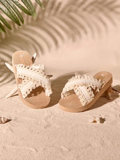 Tropiscape Women's Platform Low-Heel Sandals, Beige Color For Beach Wear, Crossed Straps With Tassel, Bohemian Style Slip-On Wedge Sandal Cottagecore,SummerOutfit