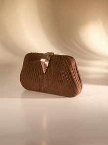 Etoivie 【Shiny Evening Bag】女款巧克力棕色麂皮百褶手拿包，金屬葉片扣飾盒型包，時尚閃亮晚宴單肩/斜跨小方包，適合婚禮、派對、生日、舞會、萬聖節 - 巧克力棕 - 查看 2