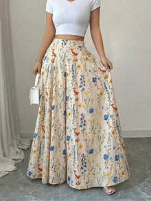 Plus Size Women Floral Print Wide Leg Bohemian Style Elastic Waist Pants Vacation - Apricot - View 2