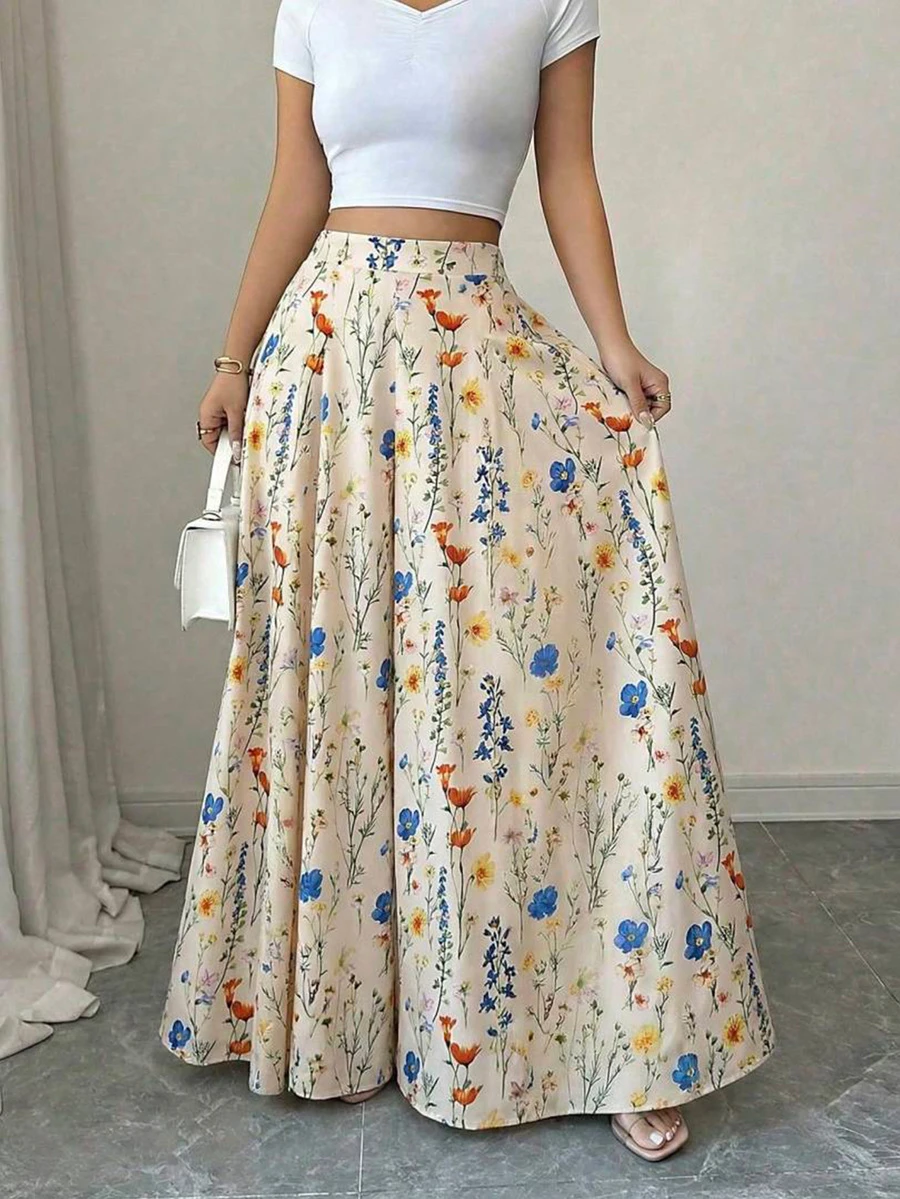 Plus Size Women Floral Print Wide Leg Bohemian Style Elastic Waist Pants Vacation