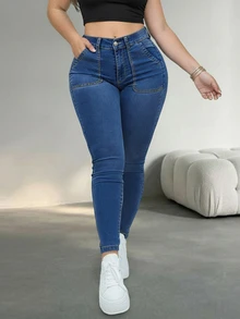Quần jean nữ dáng ôm, chất liệu denim co giãn vừa phải, dài đến mắt cá chân, có túi cài nút và khóa kéo, thích hợp cho mùa xuân và mùa hè. - Xanh đậm - Xem 3