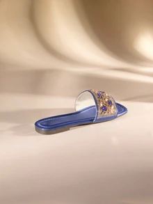 Etoivie Dép quai ngang đính đá Rhinestone sang trọng mùa hè cho nữ, dép hở mũi vuông bằng da đế bằng thường ngày cho nữ - Màu xanh lam - Xem 5