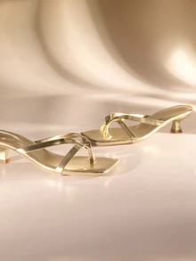 Etoivie Summer New Arrival Women's Solid Color Slippers, Elegant Vacation Shoes, Casual Beach High Heels Sandals, Fashionable Slip-On Heels For Dress Halloween - Gold - View 3