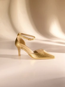 Etoivie Gold Single Buckle Pointed Toe Hollow Out High Heel Shoes For Women - Gold - View 5