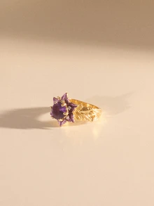 Etoivie 1 pieza Anillo con incrustaciones de circonita púrpura con forma de flor geométrica elegante, accesorio de joyería de moda como regalo para mujeres en fiestas/cumpleaños - anillo - Ver 4