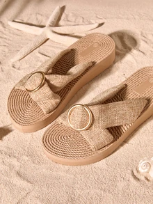 Tropiscape New Spring/Summer European & Korean Fashion Vintage Minimalist Elegant Polka Dot Decor Criss-Cross Strap Beige Sandals, Suitable For Dresses, Beach, Travel, Picnic, Comfortable, Lightweight, Breathable, Easy To Clean. Khaki Open Toe Slides/Summer Shoes/Beach Sandals Cottagecore,SummerOutfit - Camel - View 5