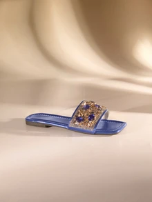 Etoivie Dép quai ngang đính đá Rhinestone sang trọng mùa hè cho nữ, dép hở mũi vuông bằng da đế bằng thường ngày cho nữ - Màu xanh lam - Xem 4