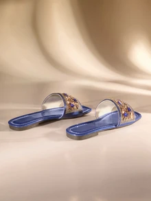 Etoivie Dép quai ngang đính đá Rhinestone sang trọng mùa hè cho nữ, dép hở mũi vuông bằng da đế bằng thường ngày cho nữ - Màu xanh lam - Xem 3