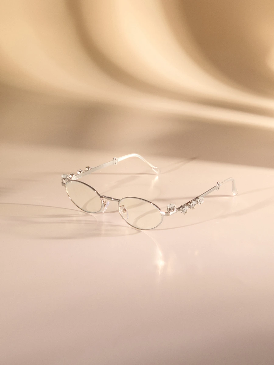 Etoivie 1pc Fashionable Small Frame Oval Rhinestone Decor 9-Carat Women's Indoor Computer Reading Outdoor Versatile Decorative Clear Lens Glasses Halloween - Clear - View 1