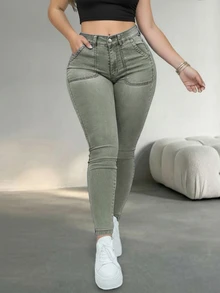 Women's Casual Slim Fit Jeans, Medium Stretch Fabric, Long Length, With Button Zipper Pockets, Suitable For Autumn Wear Fall - Green - View 4