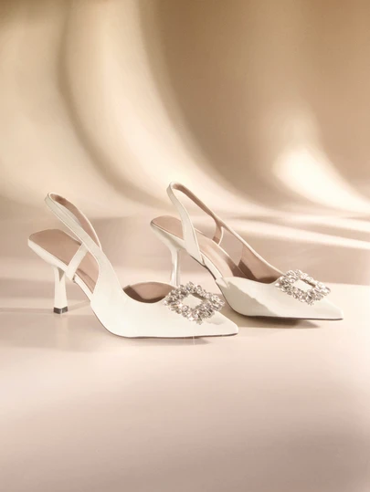 Etoivie Fashionable Women's Black High Heel Pointed Toe Bowknot & Rhinestone Decor Ankle Strap Sandals,Elegant,Women Pumps,Elegant,Party Outfits,Wedding Outfits