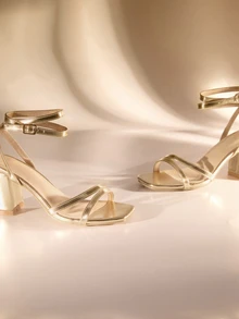 Etoivie Women New Fashion Multi-Strap Cross Simple And Generous Work Commuting Square Toe Chunky Heels High-Heeled Sandals For Street Fashion,Spring Summer Outfits - Gold - View 2