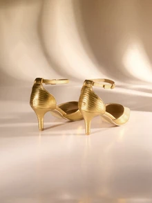 Etoivie Gold Single Buckle Pointed Toe Hollow Out High Heel Shoes For Women - Gold - View 3