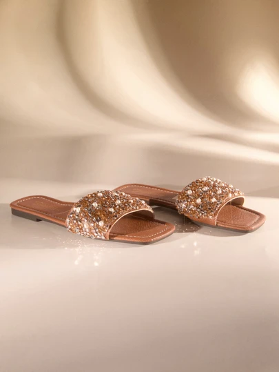 Etoivie Plus Size Women's Brown Square Toe Flat Sandals, Suitable For Dress, Fashion Rhinestone Strap Slides, Non-Slip Beach Slippers, Plastic Slip-On Sandals For Girls, Spring/Summer