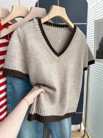 Conjunto de verano para mujer, top de punto holgado con cuello en V, bloque de color y ribete, de manga corta