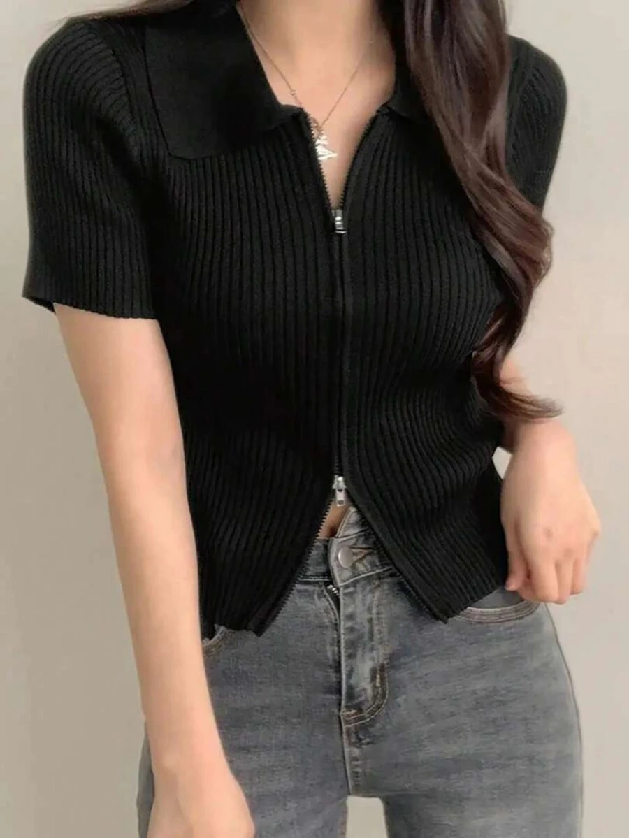 女款夏季休閒純色翻領拉鍊短袖針織開襟外套 黑色