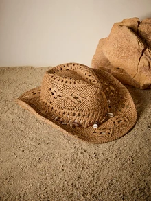 Tropiscape 1 Stück Boho Frauen Muschel Dekor Cut Out Strohhut Sonnenhut für Frauen Cowboyhut Cottagecore, Sommeroutfit - Khaki - Übersicht 4