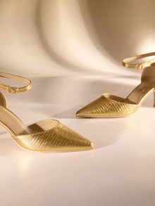 Etoivie Gold Single Buckle Pointed Toe Hollow Out High Heel Shoes For Women - Gold - View 2