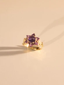 Etoivie 1 pieza Anillo con incrustaciones de circonita púrpura con forma de flor geométrica elegante, accesorio de joyería de moda como regalo para mujeres en fiestas/cumpleaños - anillo - Ver 2