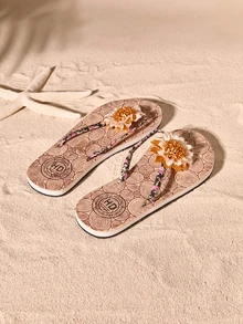 Tropiscape Summer New Style Fashionable Simple Slipper Sandals For Women, Outdoor Beach Flat Slip-On Flip Flops Cottagecore,SummerOutfit - Multicolor - View 3