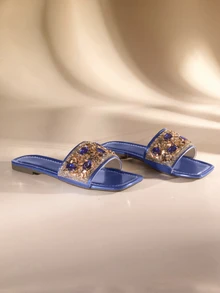 Etoivie Dép quai ngang đính đá Rhinestone sang trọng mùa hè cho nữ, dép hở mũi vuông bằng da đế bằng thường ngày cho nữ - Màu xanh lam - Xem 1