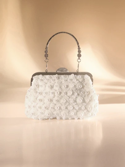Etoivie Glitter Bling,Shiny Glamorous,Elegant Flower & Pearl Decor Evening Bag Top Handle Dinner Bag For Party Girl,Woman,For Female Perfect For Party,Wedding,Prom,Dinner/Banquet,For Best Gift For Women, Exquisite Floral Bag For Women, White Bag