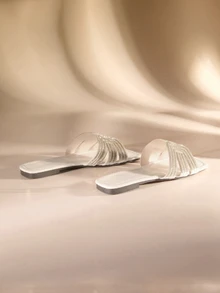 Etoivie Sandalias planas con tira tipo deslizante de mujer con lentejuelas brillantes y estilo de lujo, sandalias de verano cómodas de tacón plano y punta redonda, versátiles para primavera/verano - Blanco - Ver 3