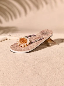 Tropiscape Summer New Style Fashionable Simple Slipper Sandals For Women, Outdoor Beach Flat Slip-On Flip Flops Cottagecore,SummerOutfit - Multicolor - View 4