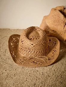 Tropiscape 1 Stück Boho Frauen Muschel Dekor Cut Out Strohhut Sonnenhut für Frauen Cowboyhut Cottagecore, Sommeroutfit - Khaki - Übersicht 2