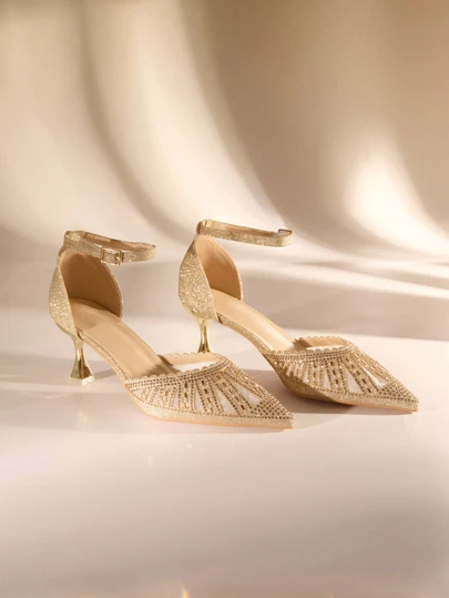 Etoivie Tacones de mujer con tira de tobillo glamorosa, tacones de pirámide con decoración de brillo y rhinestone, elegantes, tacones de gatito, para fiesta