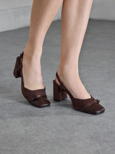 NobleVue Women's Fashion High Heel Mules, Brown Chunky Heel Square Toe Slip-On Sandals