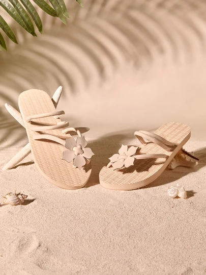 Tropiscape Women Sweet And Simple Floral Flip-Flops Flat Slippers, Beige Plush And Bamboo Cool Pad, Perfect For Summer Holidays, Parties And Beach Activities In Hawaii For Female Students Cottagecore,SummerOutfit