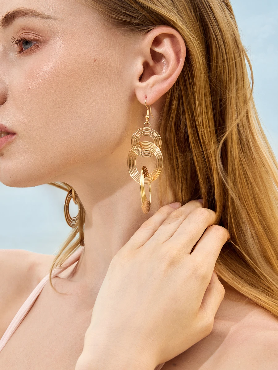 Glizzene 1 Pair Personalized Metal Multi-Layer Circle Hoop Earrings, Exaggerated Vintage Big Circle Long Dangle Earrings For Women - Gold - View 1
