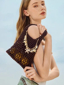 Glizzene 1pc Polyester Crochet Mesh Bottom Multicolor Solid Rope Woven Tote Bag, Decorated With Metal Seashell Pendant, Diamond Pattern Lightweight Portable Large Capacity Cute Fashion Stitched Beach Bag, Suitable For Women, New Graduates And Office Workers, Also Can Be A Teacher's Gift, Summer - Coffee Brown - View 1