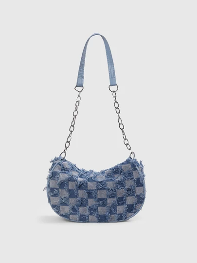 DareSee 1pc Blue Jean Zipper Plaid Print Patchwork Strap Fashion Versatile Shoulder Bag, Suitable For Women For Daily Use, Shopping, Wallet, Purse, Young Ladies, College Students, Office Ladies. Suitable For Office, University, Work, Business, Commuting, Outdoor Activities, Travel And Outings. , Blue