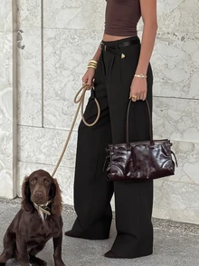 Women's Solid Color Pleated Straight Leg Loose Fit Dress Pants, Autumn Commute Outfit - Black - View 5