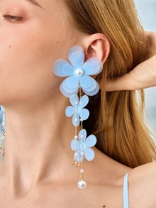 Glizzene 1 Đôi bông tai vải họa tiết hoa phóng đại thủ công, thiết kế Châu Âu và Mỹ thanh lịch và phong cách - Màu xanh nhạt - Xem 2
