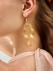 Glizzene 1 Pair Personalized Metal Multi-Layer Circle Hoop Earrings, Exaggerated Vintage Big Circle Long Dangle Earrings For Women - Gold - View 2