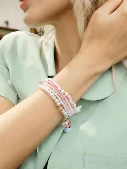 Hatastic 5pcs Pearl Beaded Bracelet Set With Starfish & Seashell Pendants, Women Elastic Cord Bead Bracelets