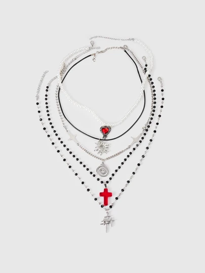 DareSee Stainless Steel Spiral Sun Glass Cross Pendant Necklace Layered Choker Star Charm Necklace Grunge Y2K Neck Jewelry For Men Women