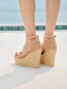 Glizzene Women's Fashion High Heel Sandals, Woven Straw Material, Strap, Buckle Closure, Classic Round Toe, Rope Sole, Platform Wedge, Summer Outdoor, Apricot Color, Sexy Open Toe And Heel, Beach Sandals,Travel Essential - Apricot - View 4