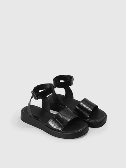 DareSee Sandalias planas de mujer de nuevo diseño de verano con hebilla y estampado de cocodrilo en negro, suela gruesa, ligeras y cómodas para uso casual, ideales para looks de playa
