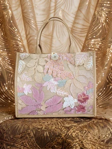 Farahzel 1pc Multi-Color Sequins & Mesh Splice Linen Tote Bag - Baby Pink - View 1